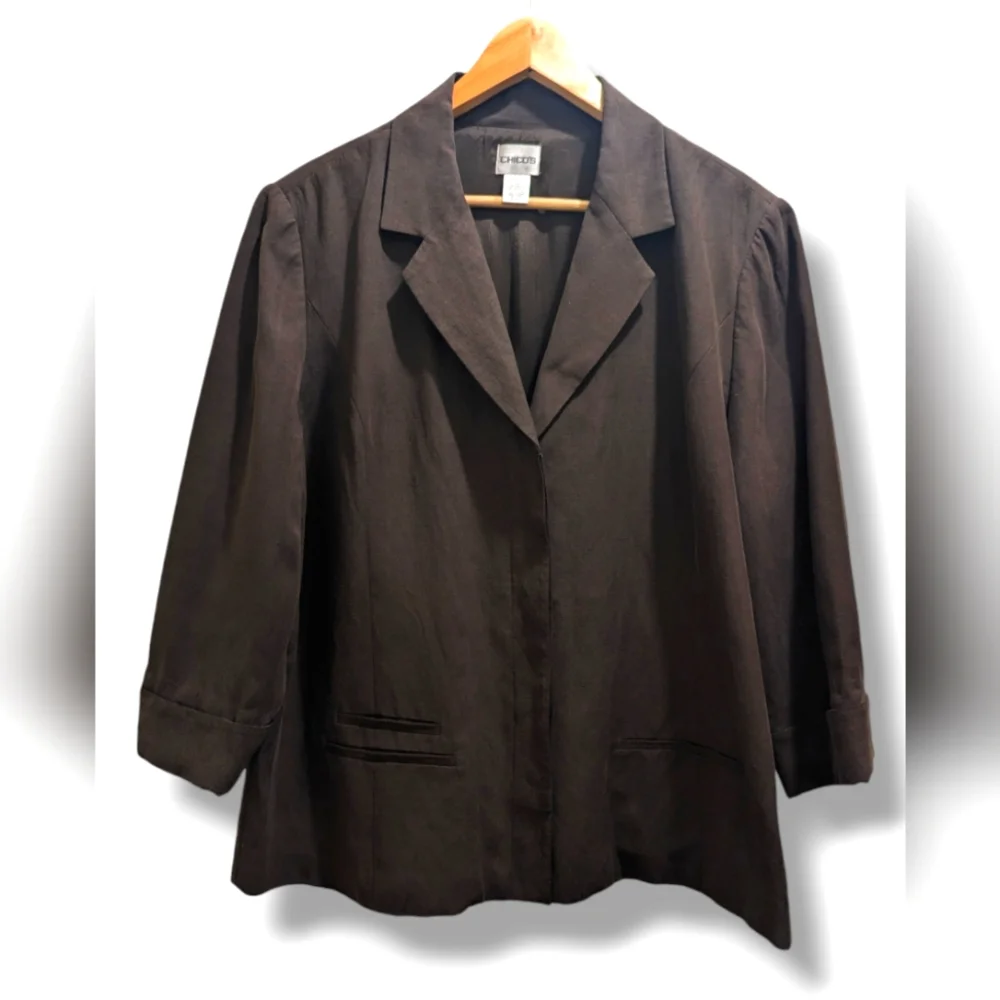 Chico's Brown Silk Linen Blend Blazer Button Front Collar 3/4 Sleeves- 3 (XL/16) - Picture 1 of 16